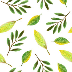 Seamless pattern with leaves and branchese,hand drawn watercolor