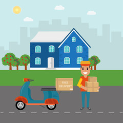 Logistics and delivery service concept: motorbike, smiling couri