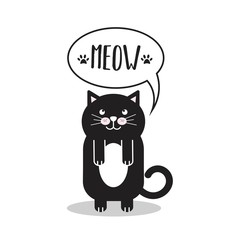 Vector cute cartoon black cat. Print for t-shirt. Meow