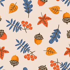 Autumn seamless pattern with leaves, berries and acorns