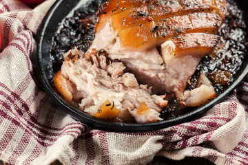 Still hot baked pork belly or bacon