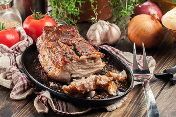 Still hot baked pork belly or bacon