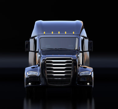 Front view of black fuel cell powered American truck cabin on black background. 3D rendering image.