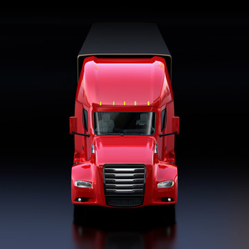 Front view of metallic red fuel cell powered American truck cabin on black background. 3D rendering image.