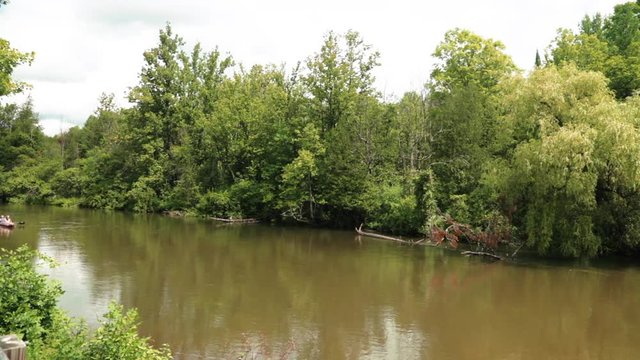 Two kayaks paddling down stream in a wooded environment