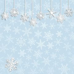 Christmas illustration with white hanging snowflakes on light blue background