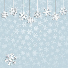 Christmas illustration with white hanging snowflakes on light blue background