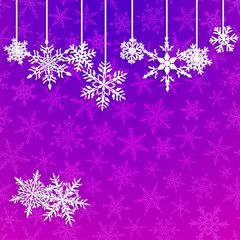 Fototapeta na wymiar Christmas illustration with white hanging snowflakes on blue and purple background