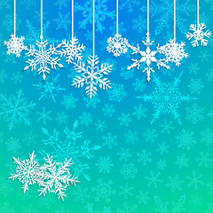 Christmas illustration with white hanging snowflakes on light blue background