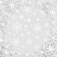 Fototapeta na wymiar Christmas illustration with circle frame of white snowflakes on gray background