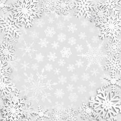 Christmas illustration with circle frame of white snowflakes on gray background