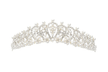 silver diadem with diamonds and pearls isolated on white - obrazy, fototapety, plakaty