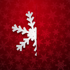 Christmas illustration with one white big snowflake which protrudes from the cut on a snowy background in red colors