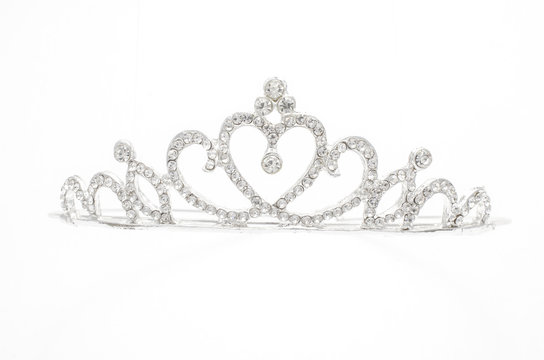silver diadem with heart and diamonds isolated on white