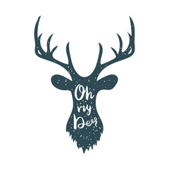 Trendy poster with Deer silhouette and lettering Oh my Deer. Hand drawn calligraphy. Vector illustration.