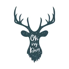 Türaufkleber Trendy poster with Deer silhouette and lettering Oh my Deer. Hand drawn calligraphy. Vector illustration. © greens87