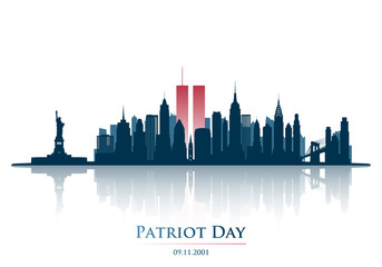 Twins Tower in New York City Skyline. World Trade Center. September 11, 2001 National Day of Remembrance. Patriot Day anniversary banner. Vector illustration.