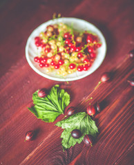Berries of a currant, gooseberries on a saucer, leaves, on a natural wooden background