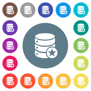 Marked database flat white icons on round color backgrounds