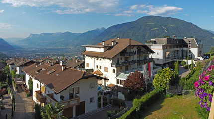 Fototapeta na wymiar Landscape to Val Venosta from Dorf Tirol, Bolzano, Italy. Summer time
