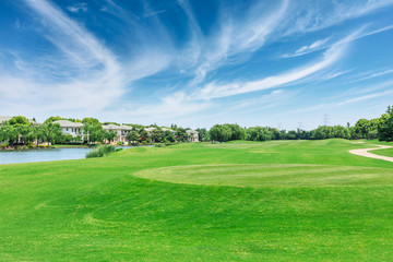 Green grass field and forest with apartment building scene in urban suburbs