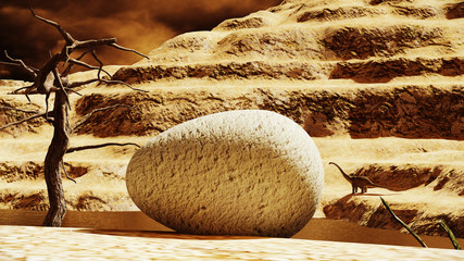 Huge dinosaur egg with parent diplodocus in the background © satori