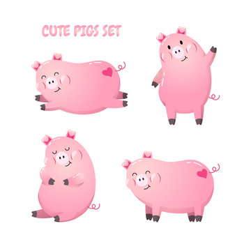 Collection of cute cartoon pigs. Vector illustration. Template for postcard, banner, flyer, web design. New Year 2019