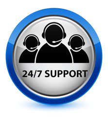 24/7 Support (customer care team icon) crystal blue round button