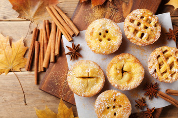 Set of different mini apple pies decorated sugar powder and cinnamon on wooden board top view. Autumn pastry dessert.