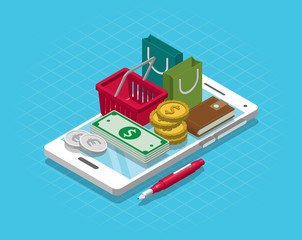 Isometric Smart phone online shopping concept. Vector illustration