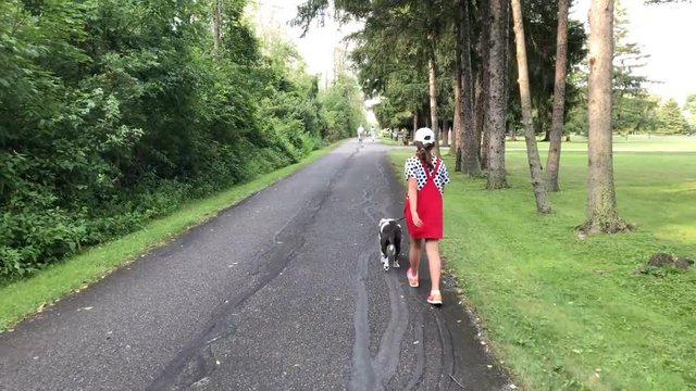 Young girl walking bulldog on street