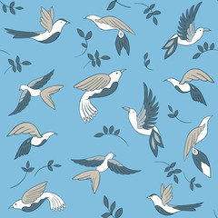 Seamless pattern with little birds and  leaves. Vector illustration on blue background.