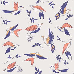 Seamless pattern with little birds and  leaves. Vector illustration. Abstract background.