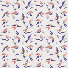 Seamless pattern with little birds and  leaves. Vector illustration. Abstract background.