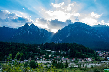 View of a human settlement in the carpathian mountains, Mount Bucegi in romania 