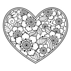 Mehndi flower pattern in form of heart with lotus for Henna drawing and tattoo. Decoration in ethnic oriental, Indian style. Coloring book page.