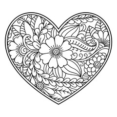 Mehndi flower pattern in form of heart with lotus for Henna drawing and tattoo. Decoration in ethnic oriental, Indian style. Coloring book page.