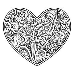 Mehndi flower pattern in form of heart with lotus for Henna drawing and tattoo. Decoration in ethnic oriental, Indian style. Coloring book page.