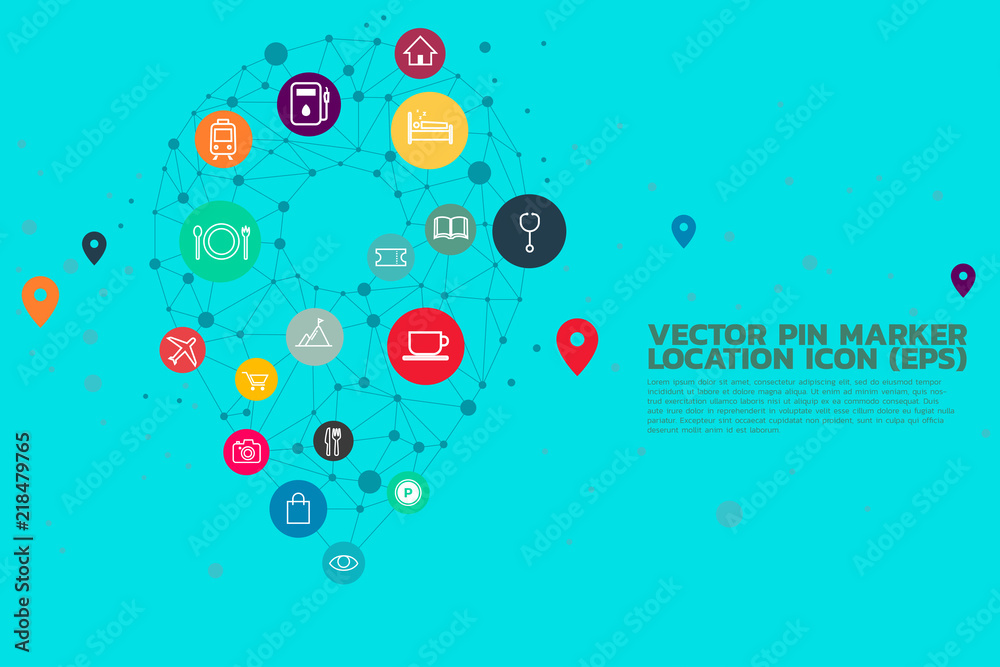 Poster location pin mark icon and place around with polygon dot connected line, concept of location and fac