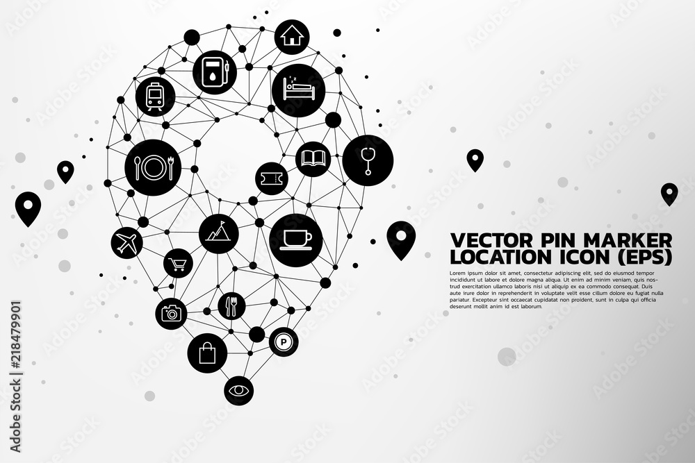 Poster location pin mark icon and place around with polygon dot connected line, concept of location and fac