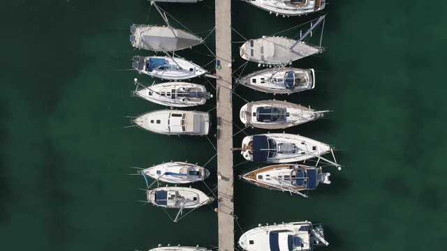Aerial view of yachts, boats and sailboats moored at a marina