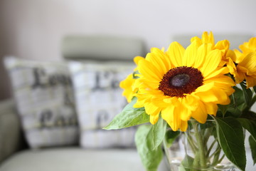 Żółty słonecznik w wazonie na stole - kwiat - ozdoba do wnętrz