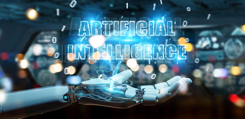 White cyborg hand using digital artificial intelligence text hologram 3D rendering