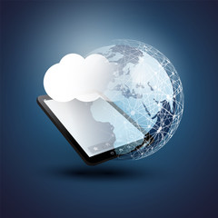 Cloud Computing Design Concept - Digital Network Connections, Technology Background with Earth Globe and Tablet PC