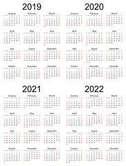 Four year calendar - 2019, 2020, 2021 and 2022 in white background.