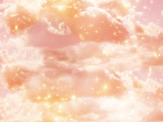 abstract magic mystic angelic background with sky, clouds and stars in gold pink tonality, 