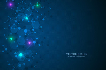 Molecular structure background and communication. Abstract background from molecule DNA. Medical, science and digital technology concept with connected lines and dots.