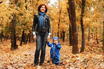 Fototapeta premium Portrait of a mother with little son in blue jumpsuit walking at autumn forest or park along the pathway covered with fallen leaves. Mom is holding hand of her toddler boy. Happy family lifestyle