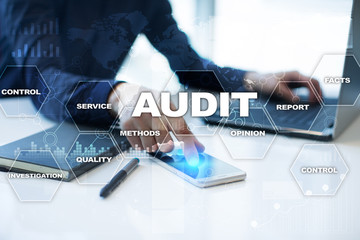Audit business concept. Auditor. Compliance. Virtual screen technology.