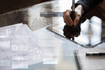 Internet, Business and technology concept. Icons, diagrams and graphs background on virtual screen.